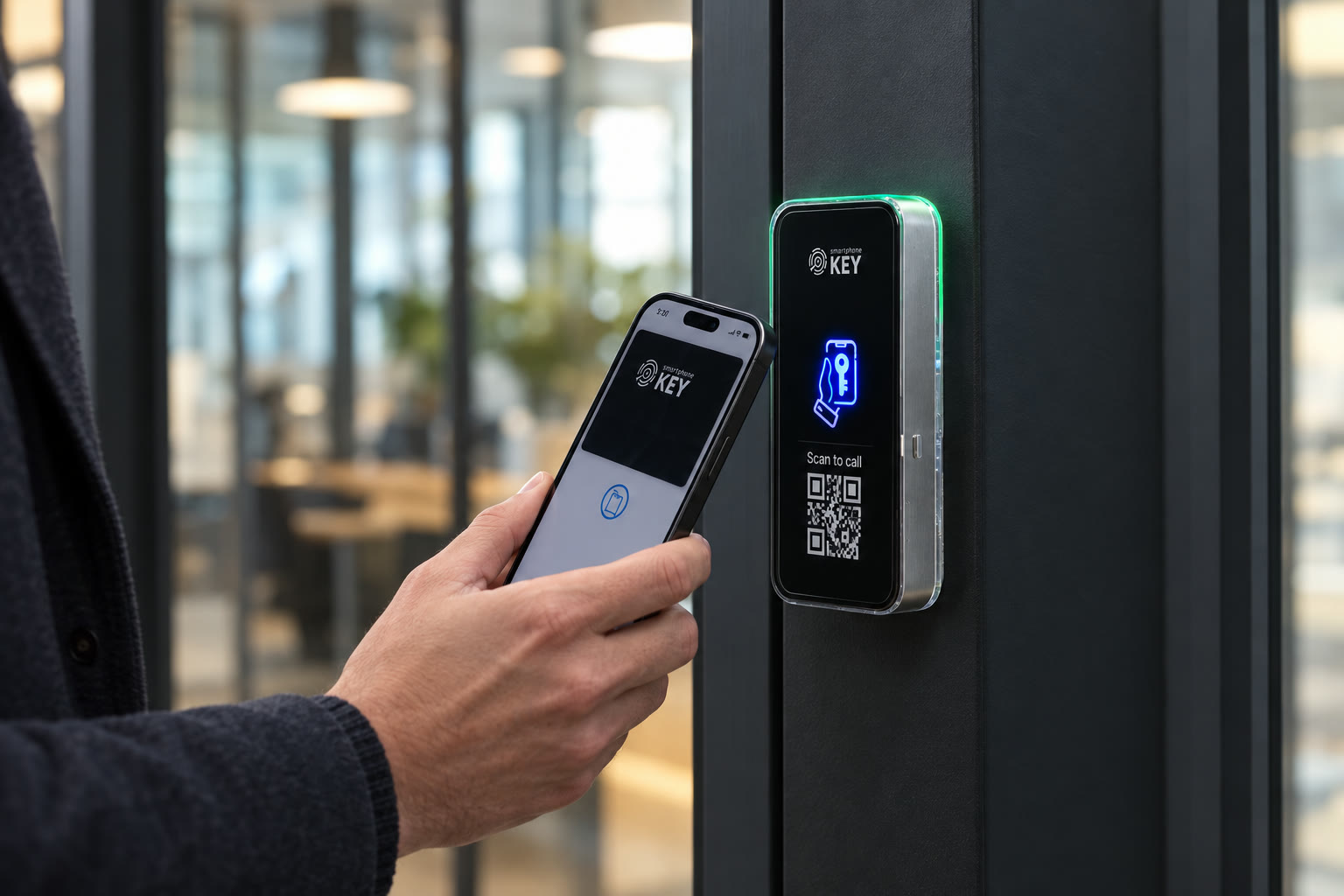Product-focused illustration of the SmartphoneKey reader and its Wallet credential interface.