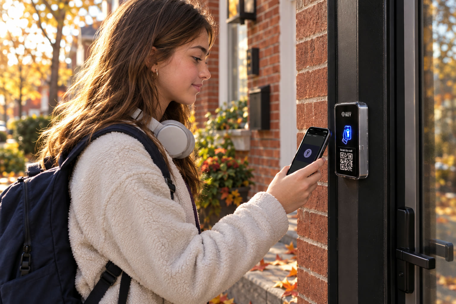 Illustrative home entrance with a teenager presenting her phone at the reader beside the door.