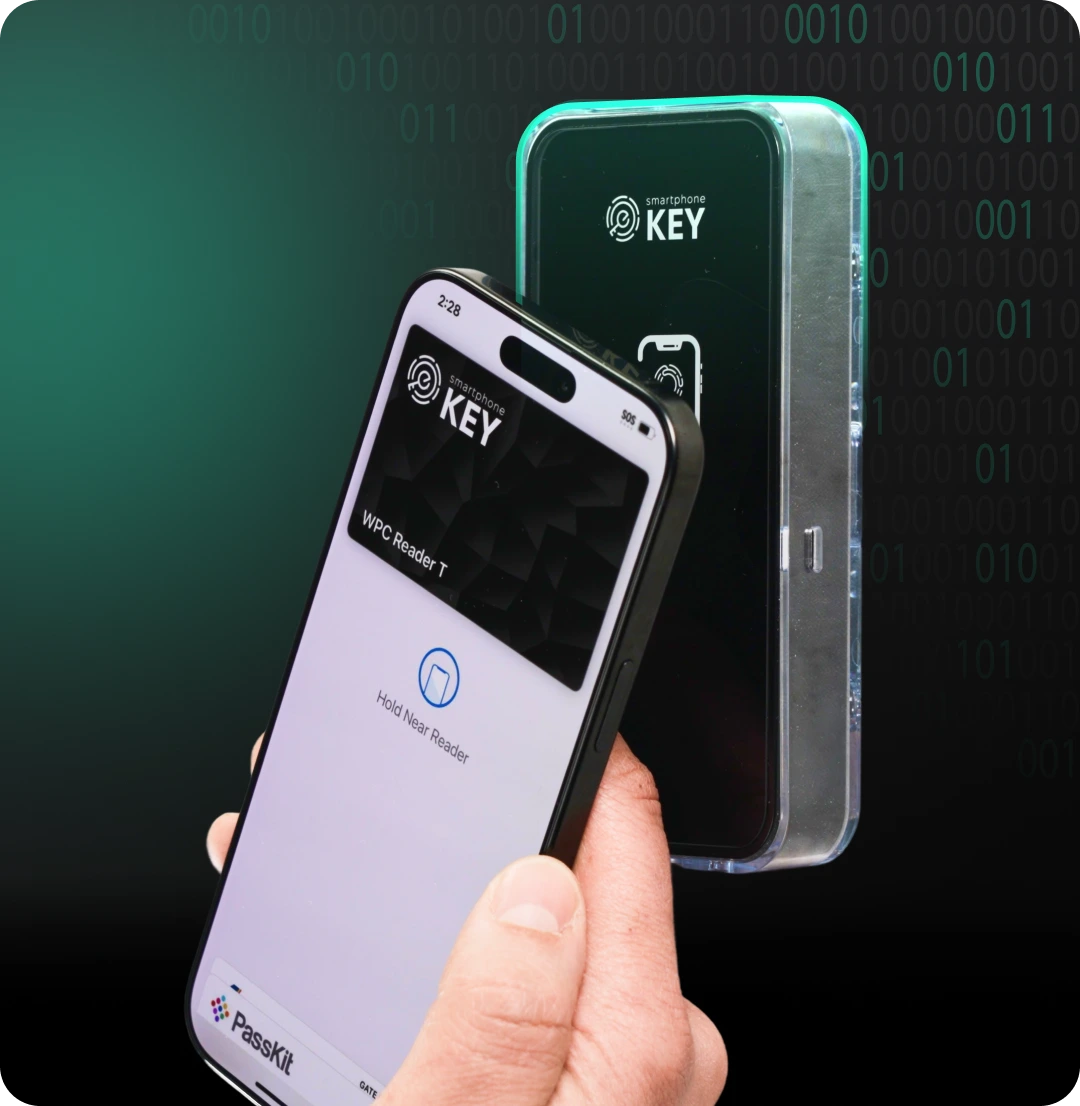 Product artwork pairs a Wallet screen displaying Hold Near Reader with the silver-edged access reader and its illuminated green border.